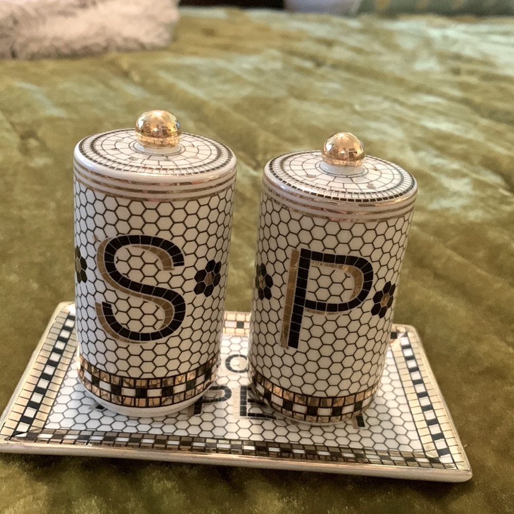 Anthropologie bistro tile salt & pepper shakers with dish